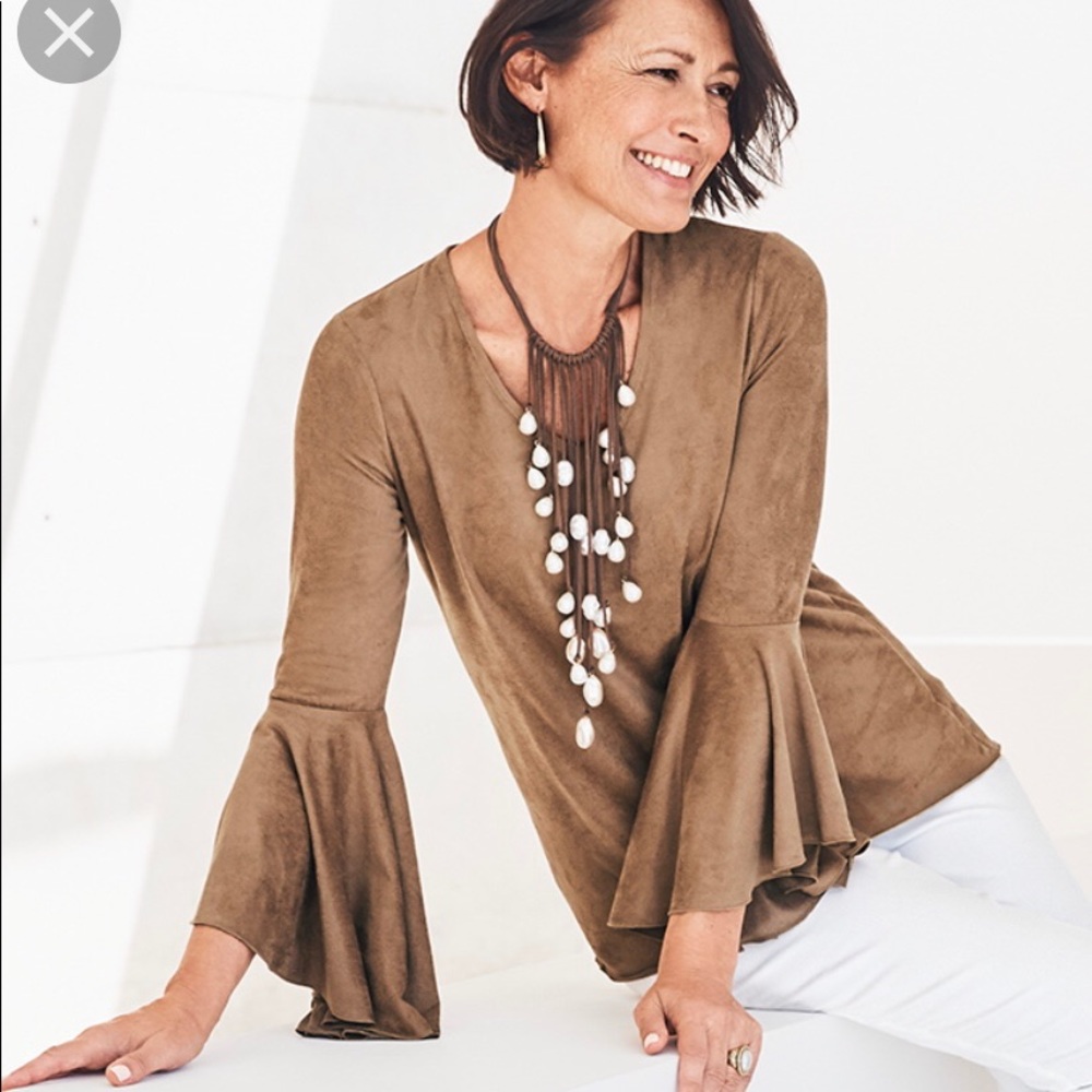 CHICO’S BURNT SUGAR FAUX SUEDE FLARE SLEEVE TOP CHICO’S SIZE 2 - Picture 9 of 10